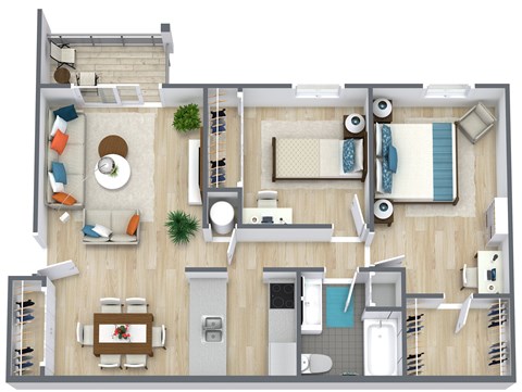 Floor plan for 2 beds, 1 bath, 960 sqft